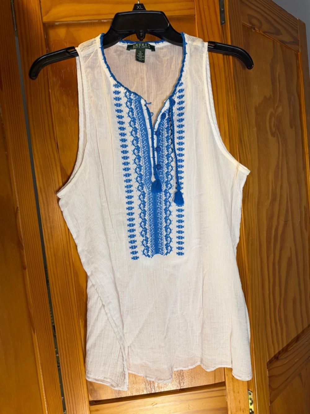 Ralph Lauren White Sleeveless Tank Top with Blue Embroidery Size XL